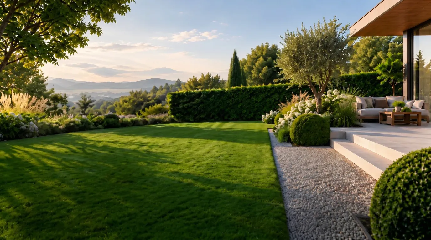 Jardin paysager entretenu avec pelouse, haies taillées et allée en gravier